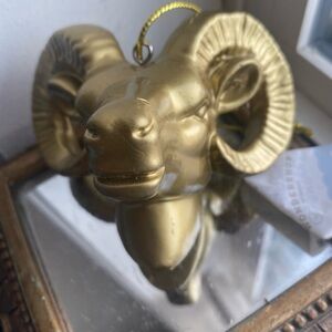 NWT Goldtone Ram Head Hanging Christmas Tree Ornament 4 Inch Wide